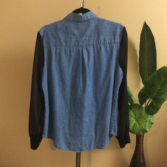 Denim Blouse with Sheer Black Sleeves - Picture 4 of 9